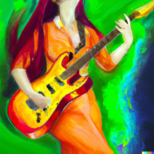 Generated by DALL-E AI Image Generator AI Generated image of a goddess playing electric guitar