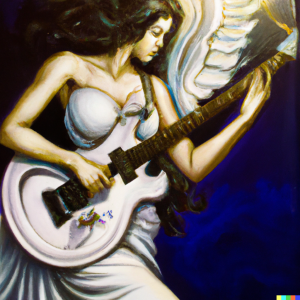 Generated by DALL-E AI Image Generator AI Generated image of a goddess playing electric guitar