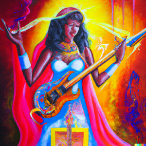 Generated by DALL-E AI Image Generator AI Generated image of a goddess playing electric guitar
