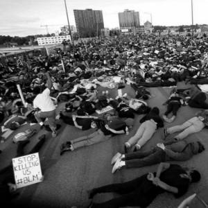 Demonstrators lay down on the Burnside Bridge in 2020 Demonstrators lay down on the Burnside Bridge in 2020
