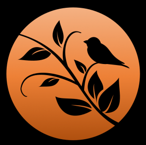 Lark on branch image, silhouetted against a harvest moon Lark on branch image, silhouetted against a harvest moon