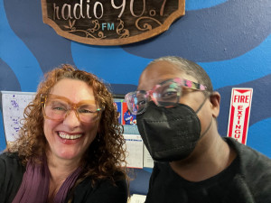 Lisa Loving and Shani Harris Bagwell of Portland Backpack two women smile in the community radio lobby